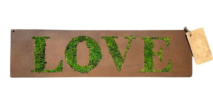 Quadro muschio stabilizzato Love - vista frontale del quadro rettangolare con scritta Love in rilievo su base in legno