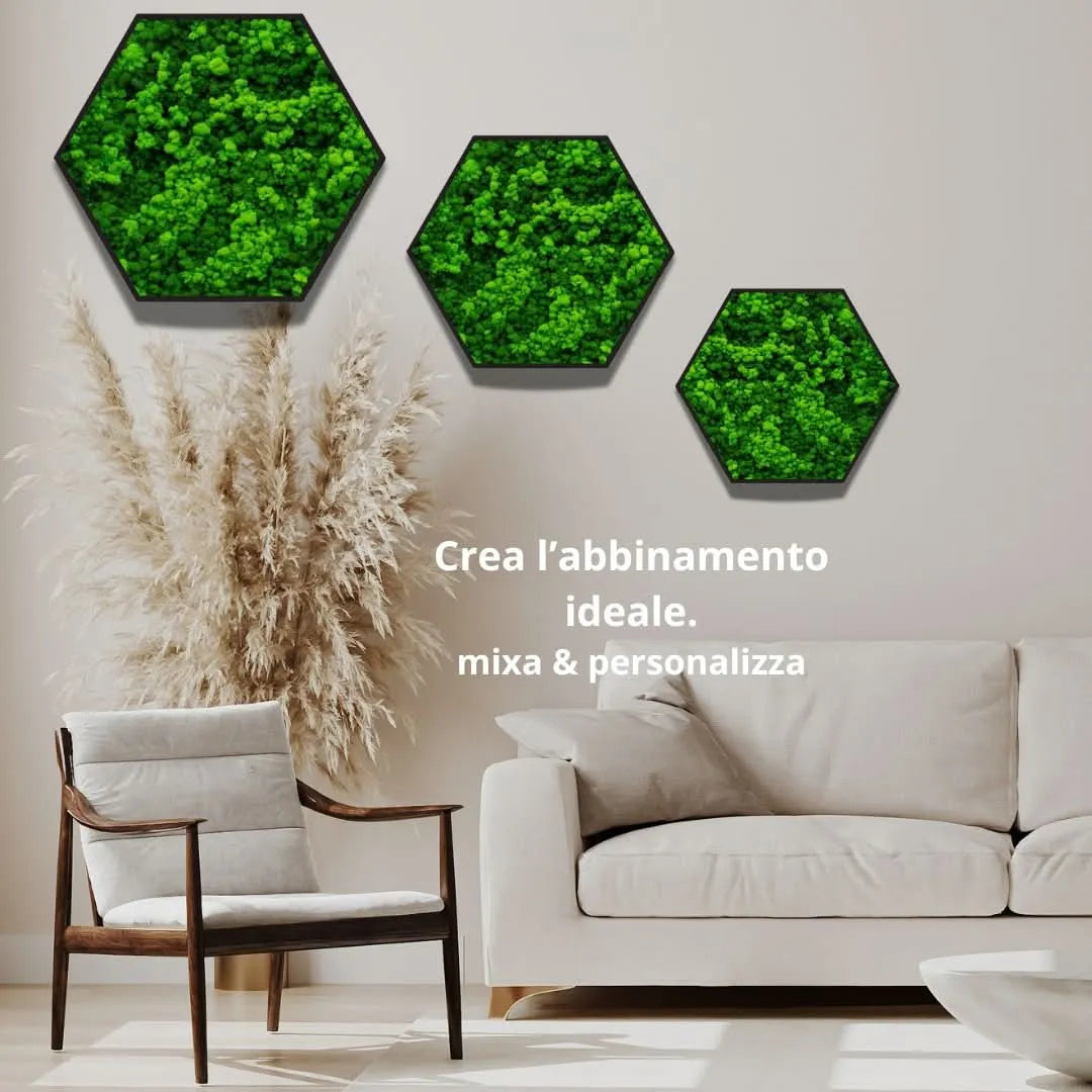 Quadro verde stabilizzato esagonale in salotto moderno, idea d'arredo