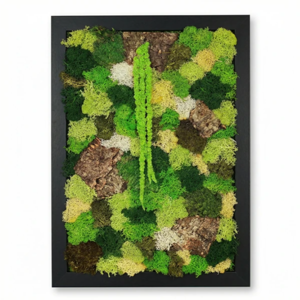 Vista frontale del quadro in verde stabilizzato EcoMosaico 43x53 cm con muschio e licheni nei toni del verde