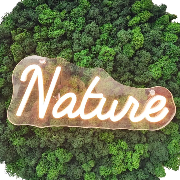 Dettaglio frontale del quadro con licheni e scritta LED "Nature" illuminata