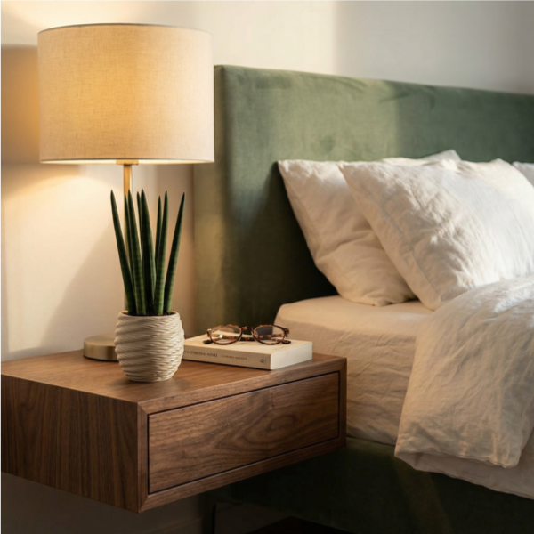 Sansevieria cylindrica mini in vaso Carina su comodino sospeso con lampada e testiera verde salvia