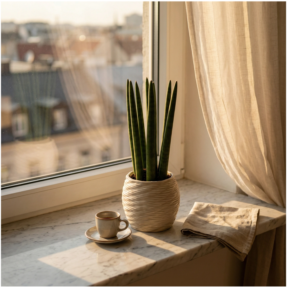 Sansevieria Cylindrica vaso ceramica - vaso Carina su davanzale con luce calda del tramonto