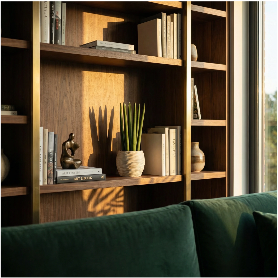 Sansevieria Cylindrica design moderno - pianta in vaso Carina su libreria in legno