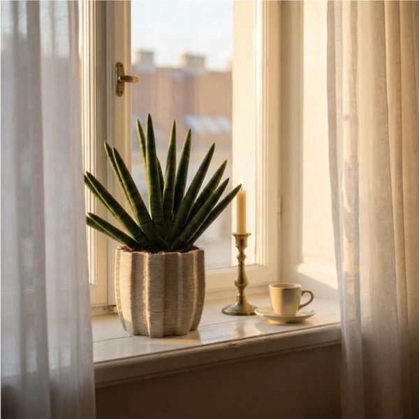 Vaso di ceramica artigianale Ares - primo piano del vaso che contiene la Sansevieria Swasdi