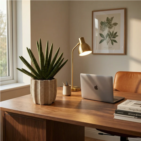 Sansevieria Swasdi in vaso artigianale - dettaglio delle foglie verticali e del vaso