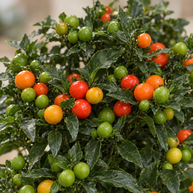 Dettaglio delle bacche arancioni e rosse del Solanum pseudocapsicum tra le foglie verdi