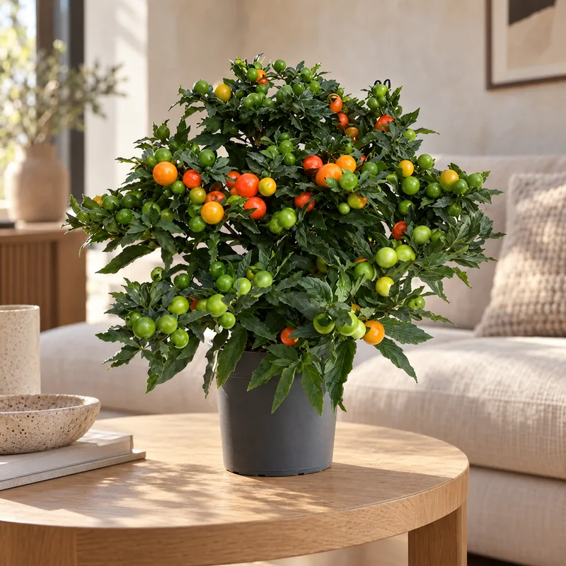 Solanum pseudocapsicum con bacche arancioni su un tavolino da soggiorno luminoso