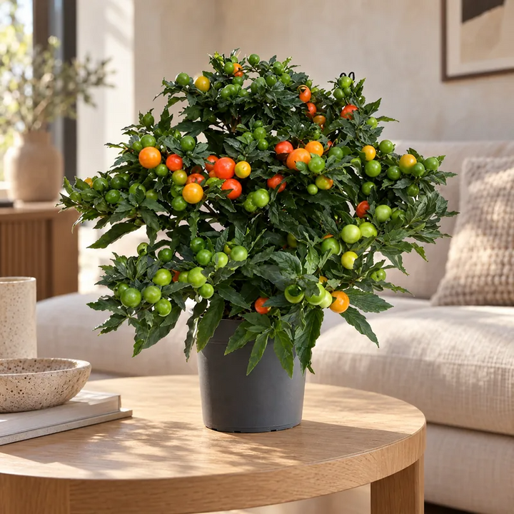 Solanum pseudocapsicum con bacche arancioni su un tavolino da soggiorno luminoso
