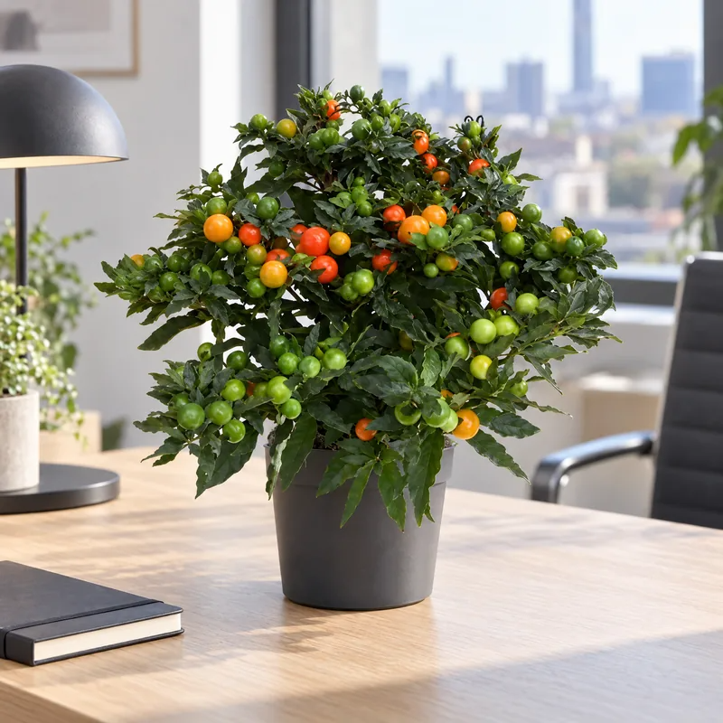 Solanum pseudocapsicum in vaso grigio su una scrivania da ufficio vicino alla finestra