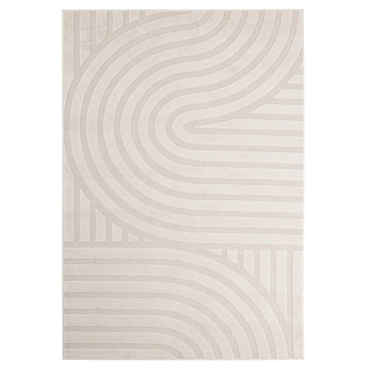 Tappeto moderno color avorio con pattern astratto a linee curve tono su tono, ideale per arredamenti minimal e spazi luminosi.

