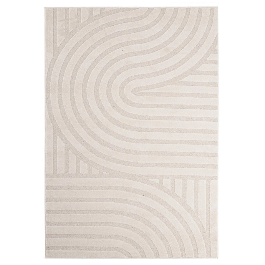 Tappeto moderno color avorio con pattern astratto a linee curve tono su tono, ideale per arredamenti minimal e spazi luminosi.

