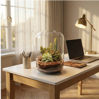 Terrarium Adele vetro cupola cactus colonnari echeveria su scrivania home office. Lampada ottone laptop luce calda. Workspace moderno produttivo.