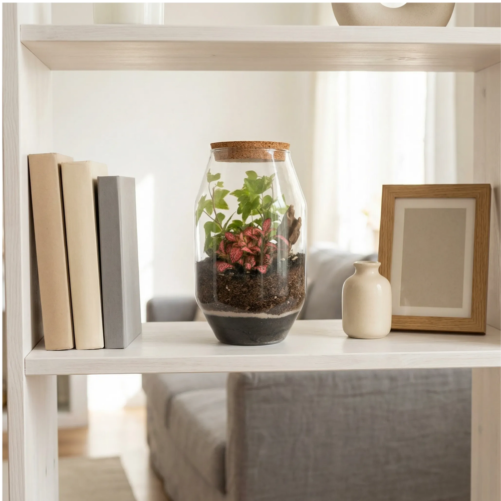 Terrarium chiuso Alessia 058 su mensola bianca con libri, complemento d'arredo naturale