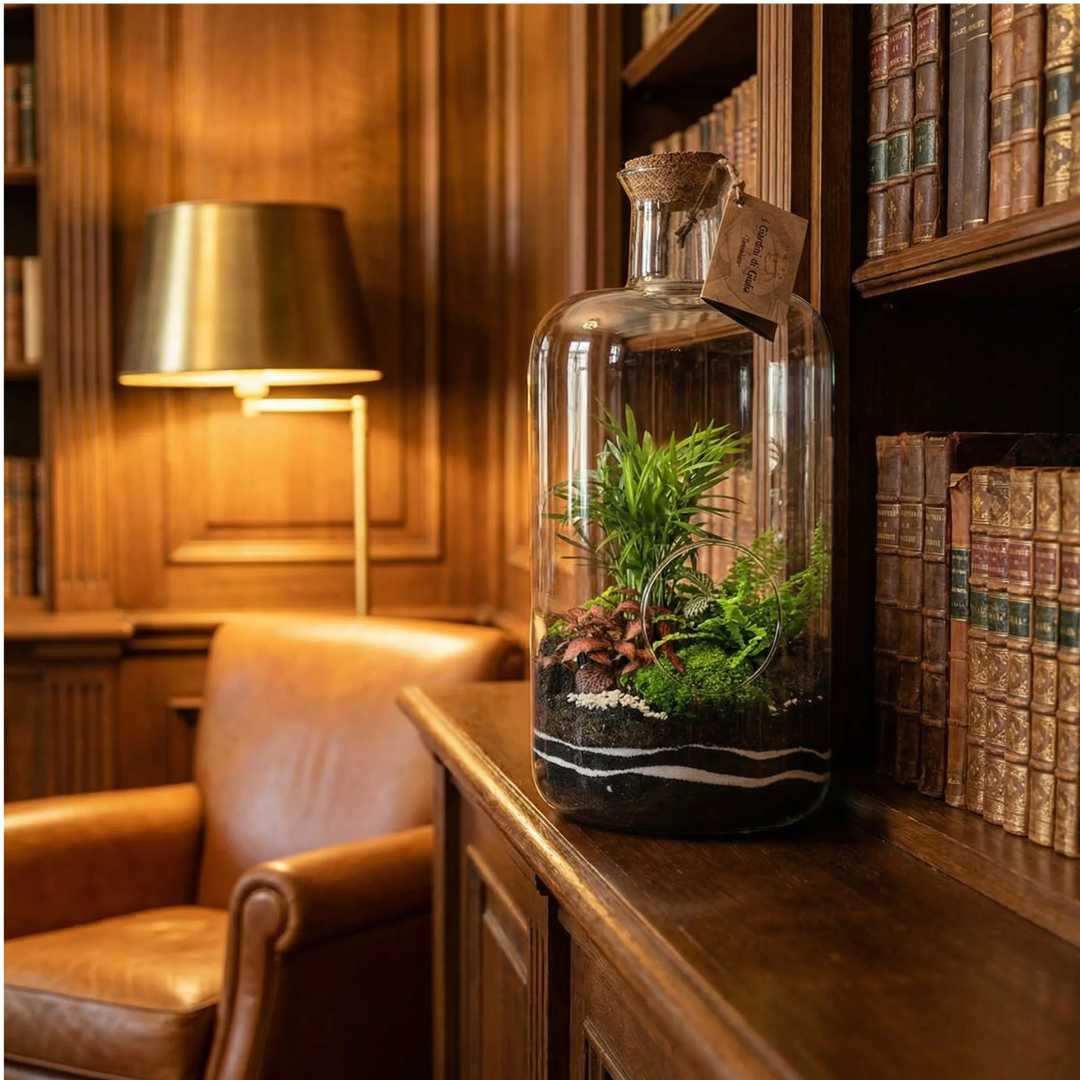 Terrarium bottiglia libreria studio home library poltrona pelle lampada ottone