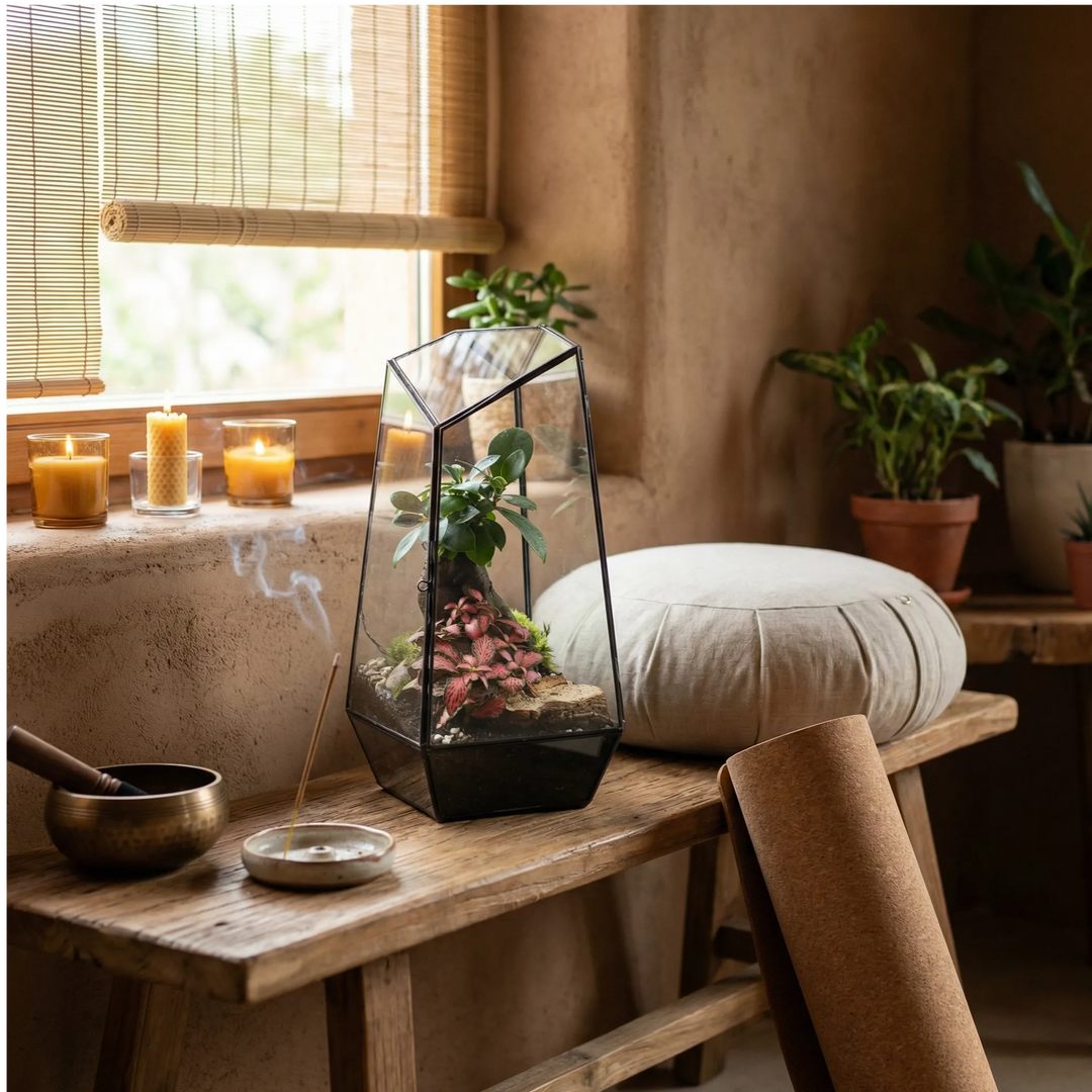 Terrarium Diamante - terrario in un angolo meditazione zen con cuscini, atmosfera rilassante