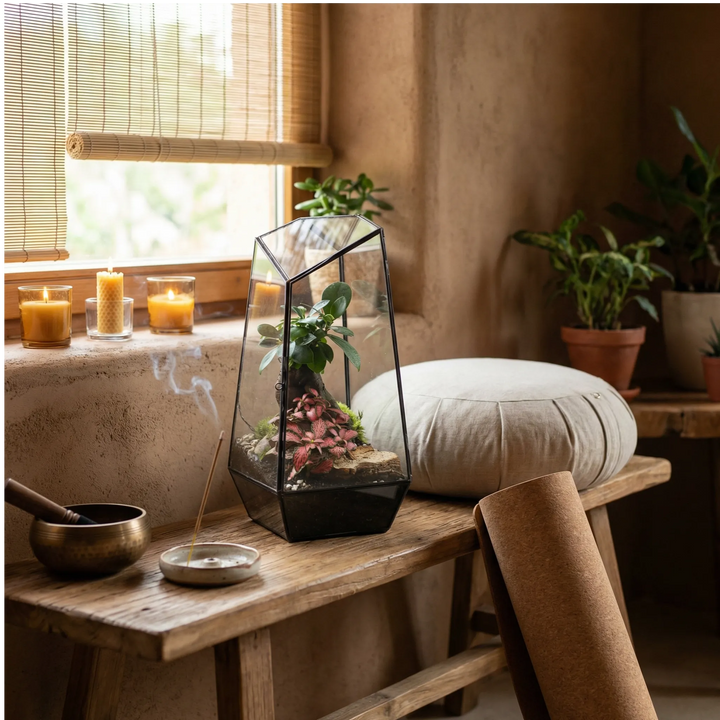Terrarium Diamante - terrario in un angolo meditazione zen con cuscini, atmosfera rilassante