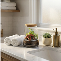 Terrarium Eco Chic su piano marmo bagno con asciugamani, decorazione naturale per atmosfera spa rilassante