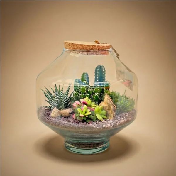 Terrarium Elia con piante grasse e cactus in vaso vetro con tappo sughero su sfondo beige caldo