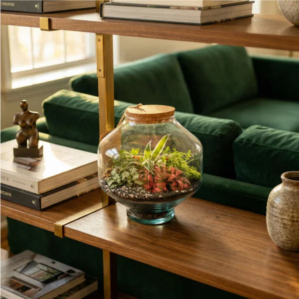 Terrarium Elia piante verdi come centrotavola su tavolo rovere in sala pranzo japandi con rattan