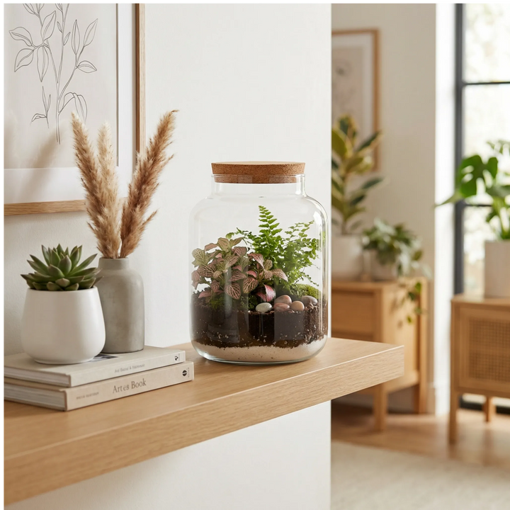 Terrarium Chiuso - esempio di terrarium finito con piante vere su mensola