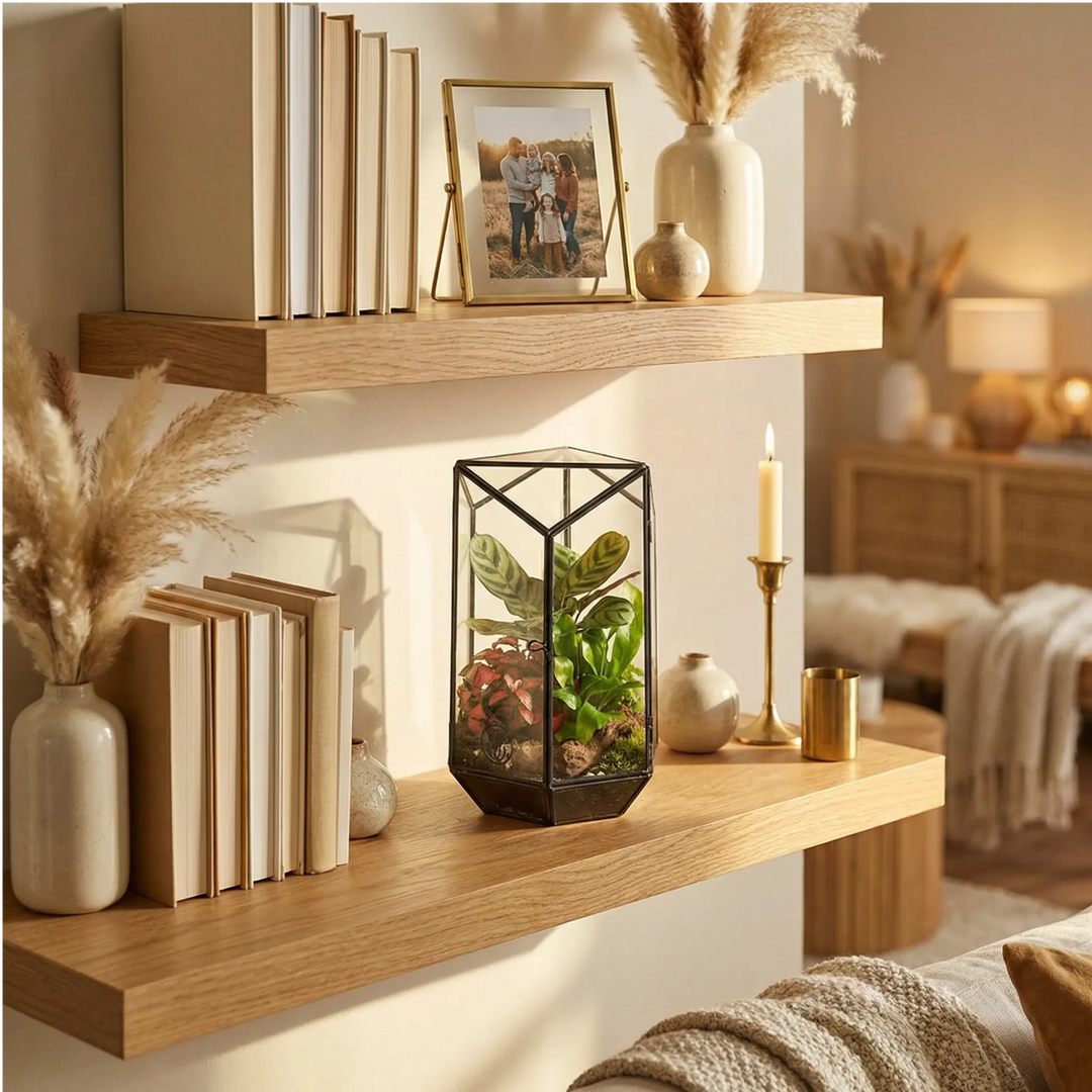 Terrarium geometrico mensola living con libri cornice foto candela ottone pampas