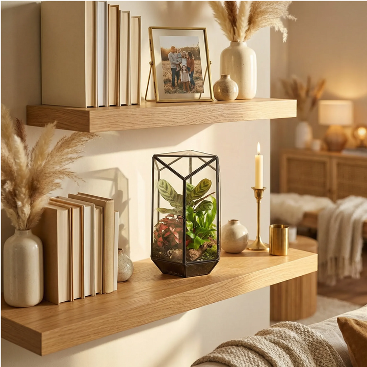 Terrarium geometrico mensola living con libri cornice foto candela ottone pampas