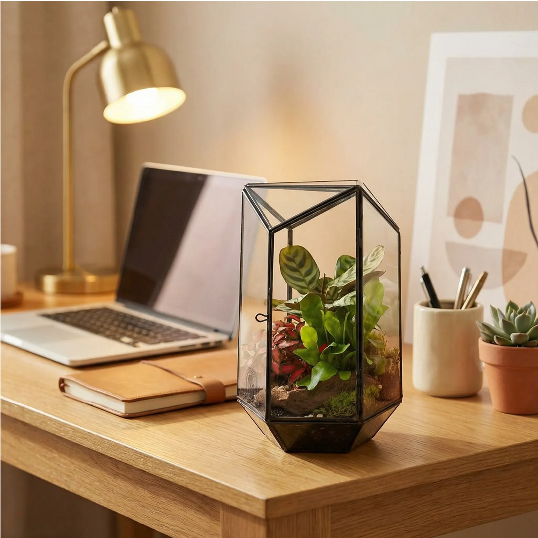 Terrarium geometrico decorativo scrivania home office con laptop lampada ottone notebook