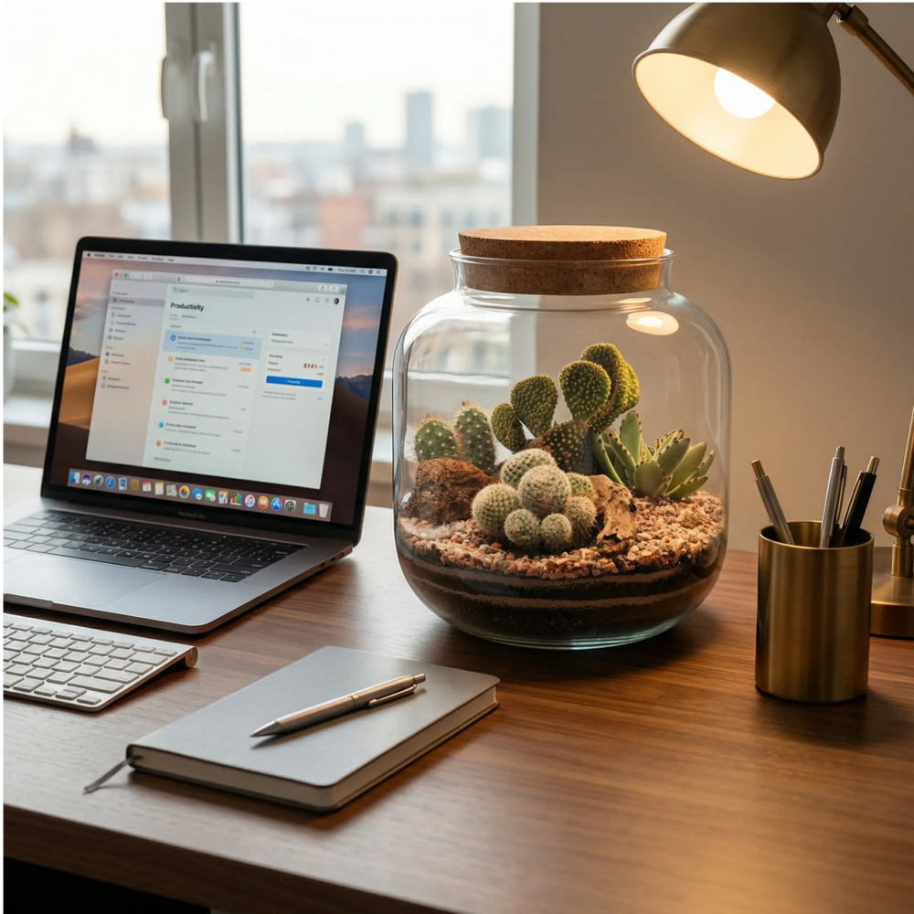 Terrarium Irene vetro sughero piante deserto su scrivania noce home office. Laptop tastiera notebook portapenne ottone lampada città. Produttivo.