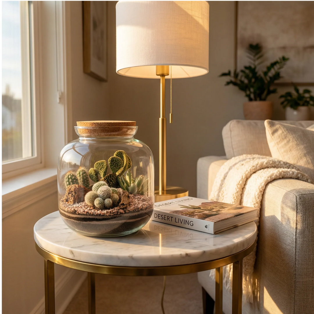 Terrarium Irene vetro sughero deserto cactus su tavolino marmo ottone salotto. Divano beige lampada ottone libro plaid. Elegante contemporaneo.