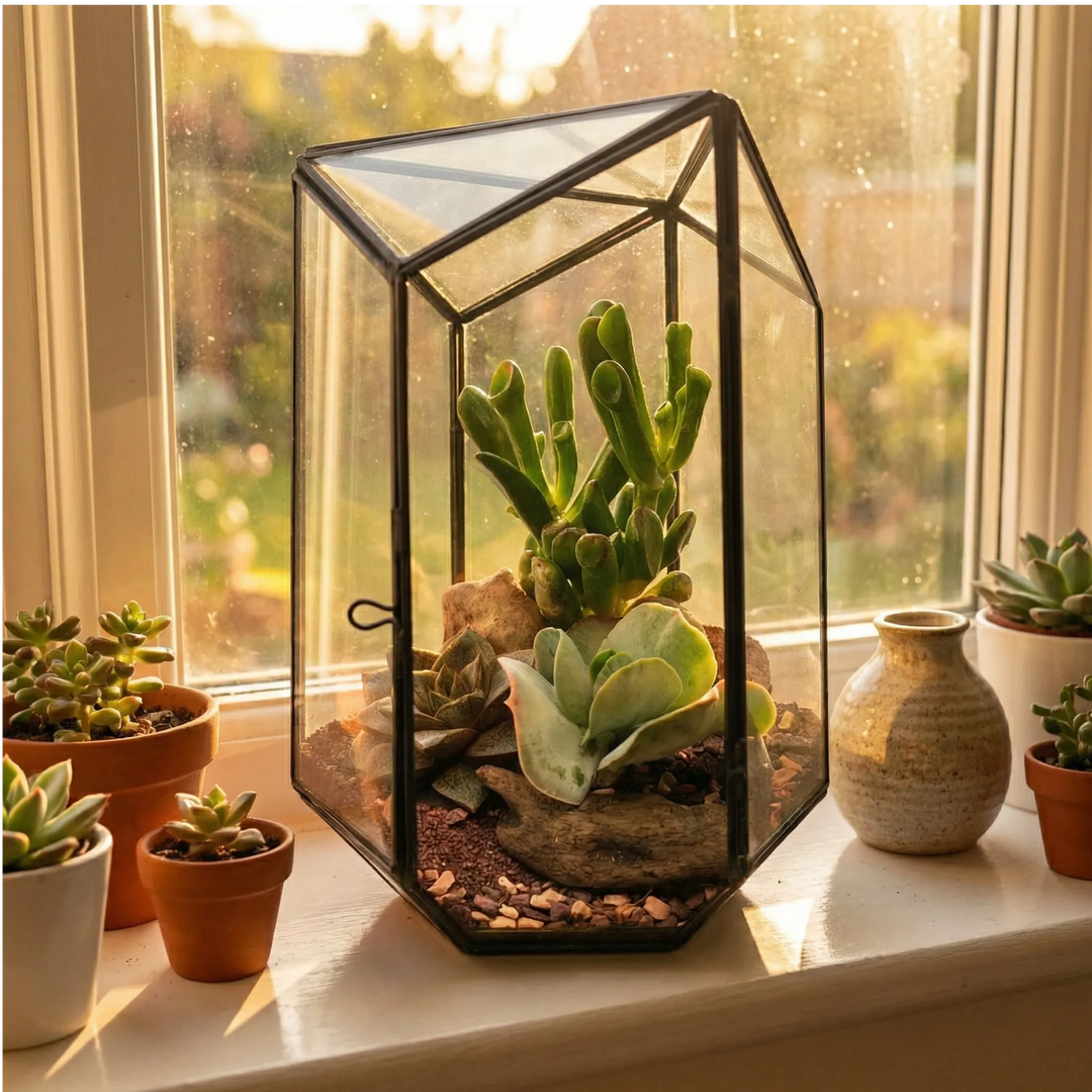 Terrarium géométrique d'iris avec plantes succulentes