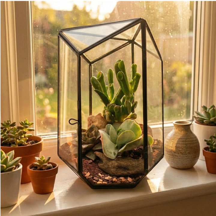 Terrarium géométrique d'iris avec plantes succulentes