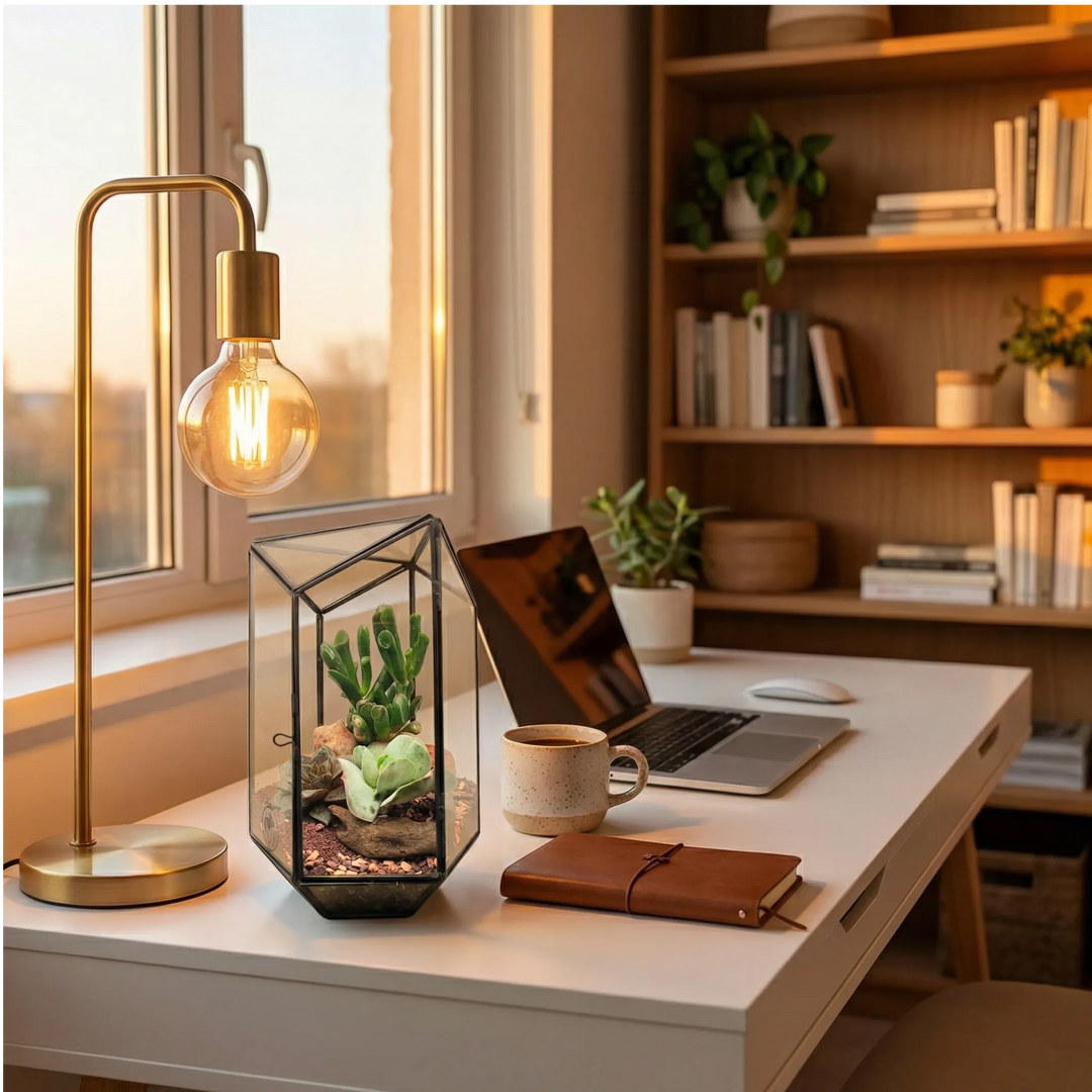 Terrarium géométrique d'iris avec plantes succulentes