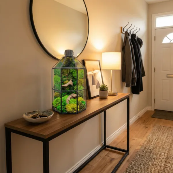 Terrarium lanterna verde console ingresso moderno decorazione accogliente muschio stabilizzato