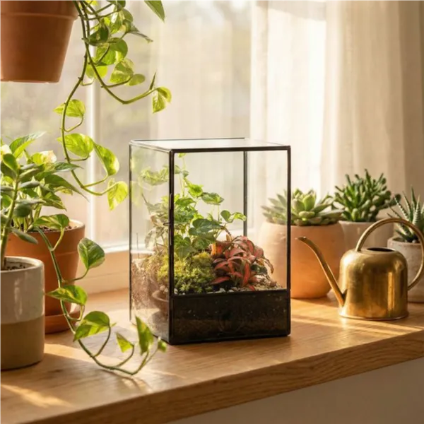 Terrarium rettangolare davanzale finestra con piante luce naturale annaffiatoio ottone
