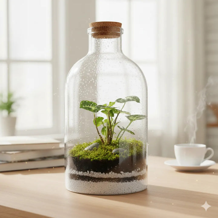 Syngonium mini terrarium - pianta variegata in bottiglia di vetro con muschio e substrato decorativo