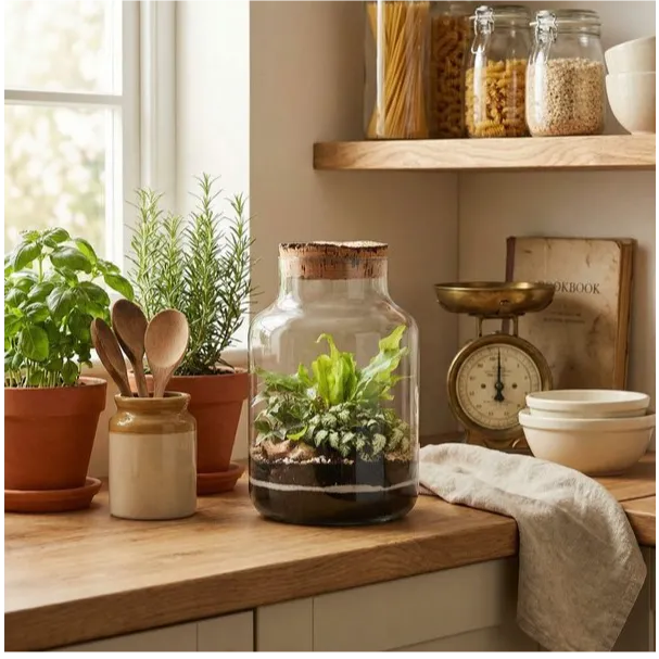 Terrarium con piante verdi da appartamento - vaso su mensola in cucina stile farmhouse con elementi decorativi