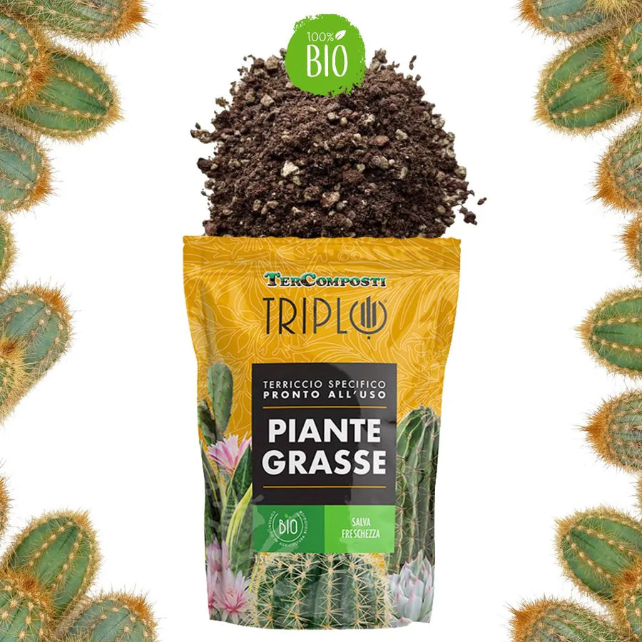 Sacchetto da 1,5 litri di terriccio Triplo BIO per piante grasse e cactus, con substrato visibile e grafica decorata con immagini di succulente e scritta "salva freschezza