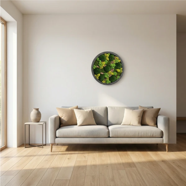 Quadro verde stabilizzato tondo - vista laterale con muschio e licheni