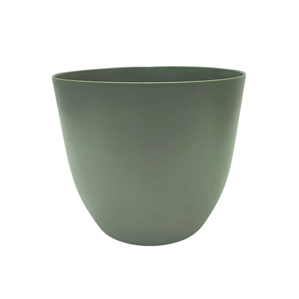 Vaso rotondo in plastica color verde rosmarino, design moderno e minimal per arredamento green.
