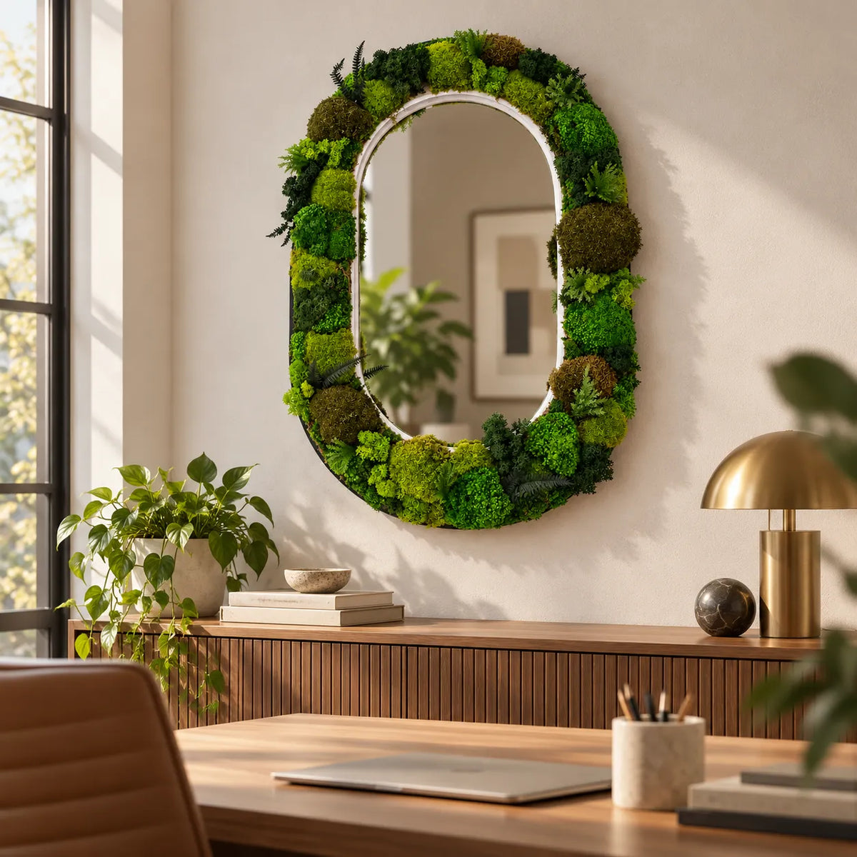 Specchio ovale Veria con muschio stabilizzato in un ambiente di casa, stile biophilic design