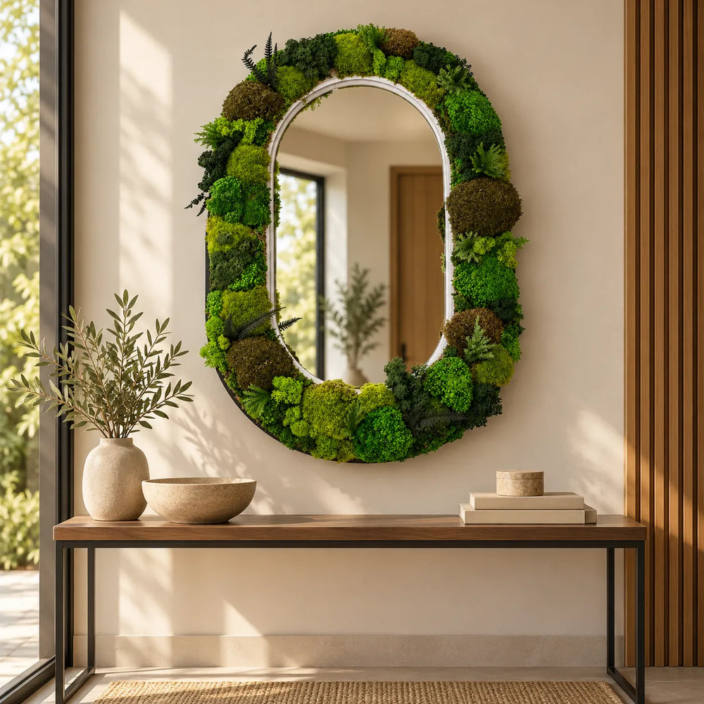 Specchio ovale Veria con verde stabilizzato composto a mano e cornice nera, appeso a parete