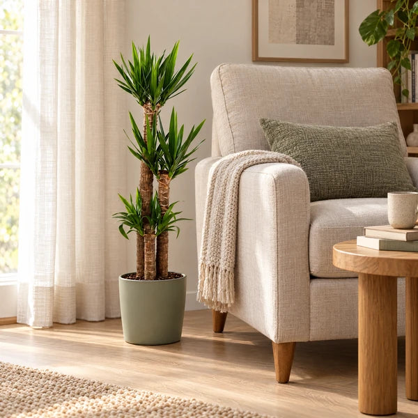 Yucca H. 80 cm con tre tronchi, in un angolo lettura con coprivaso decorativo verde salvia non incluso.